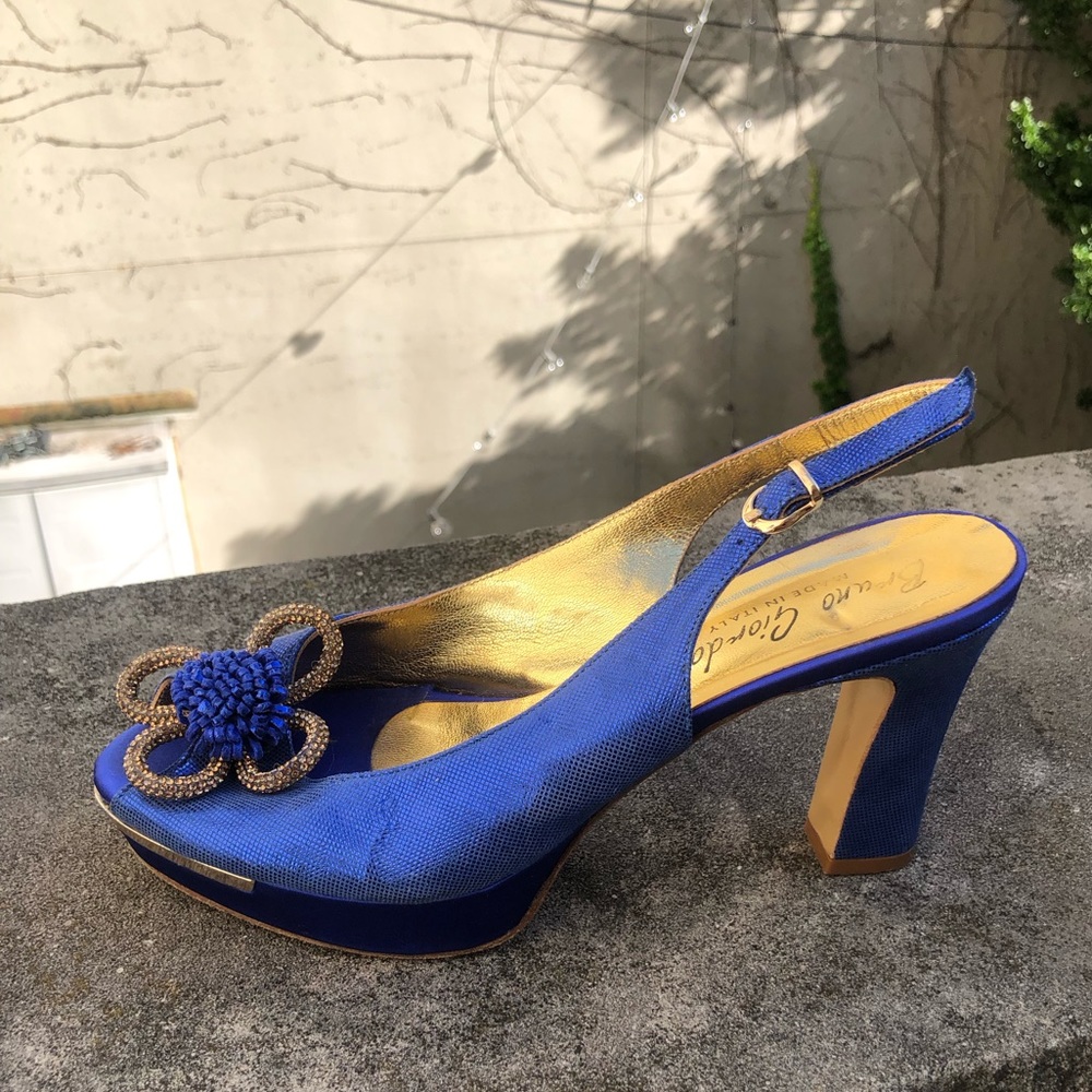 Royal Blue Bruno Goordano Platform Heels with Flower Detail - Made in Italy